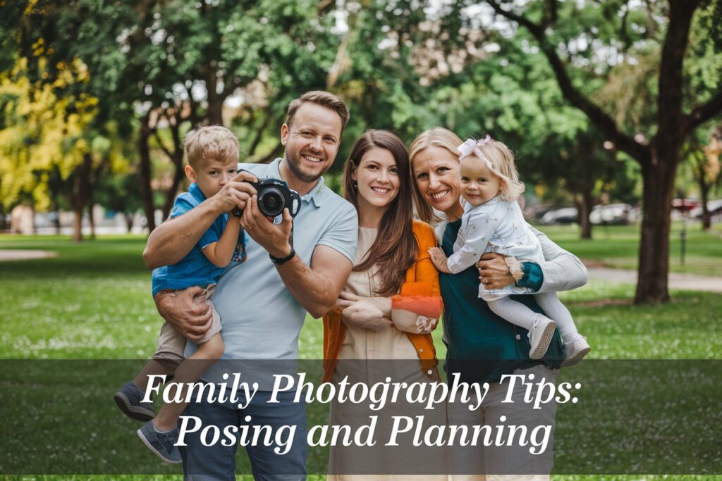 a family smiling with a camera