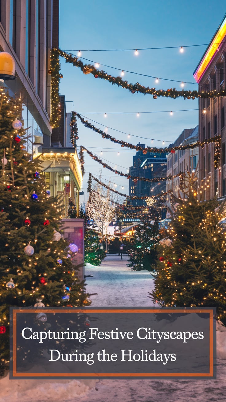 a Christmas garland strung above buildings in the city