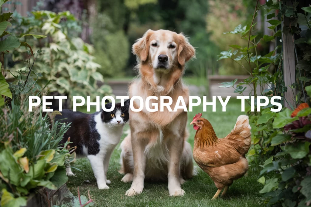 a dog looking content a chicken distracted by a bug and a cat acting like a princess