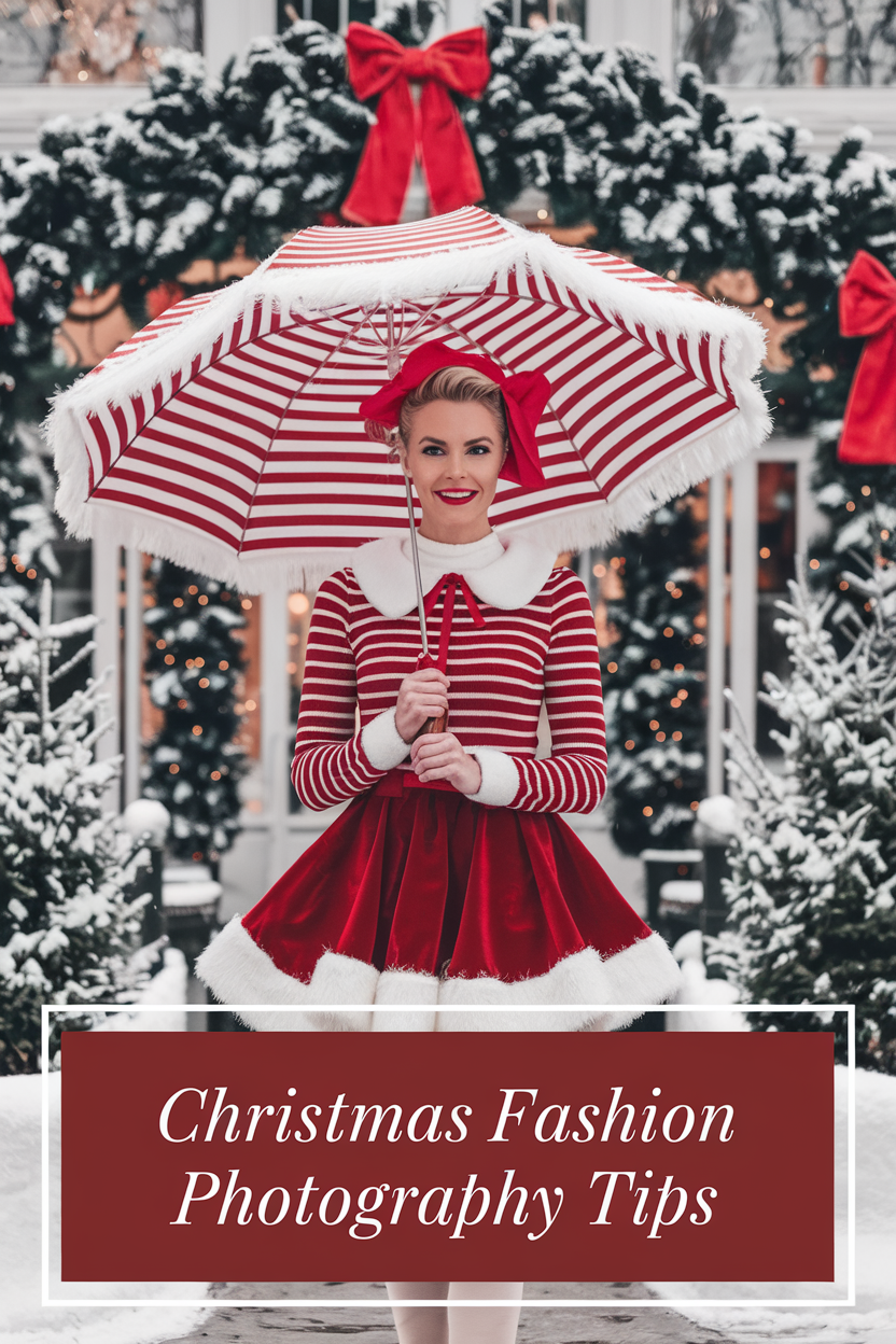 A person wearing a vibrant red dress and holding a matching red umbrella, standing in a snowy outdoor setting, exuding elegance and festive charm with the backdrop of winter scenery.