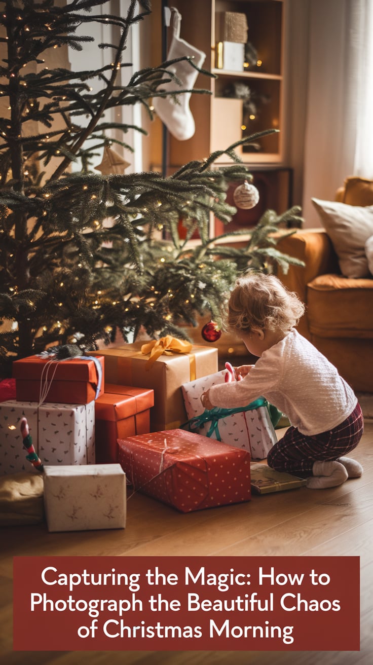 a child opening presents around a Christmas tree