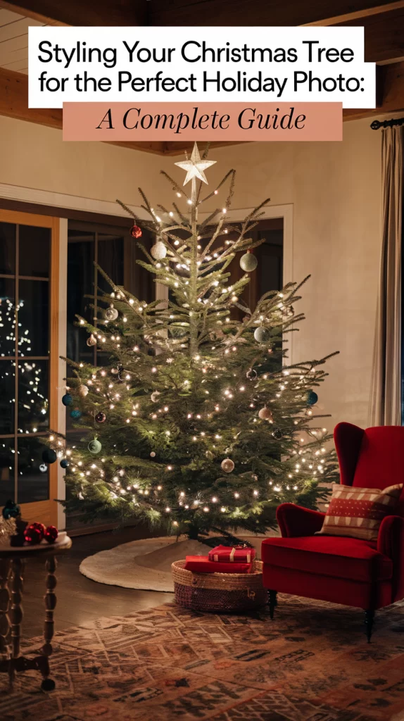 a chistmas tree in a room with a chair and windows